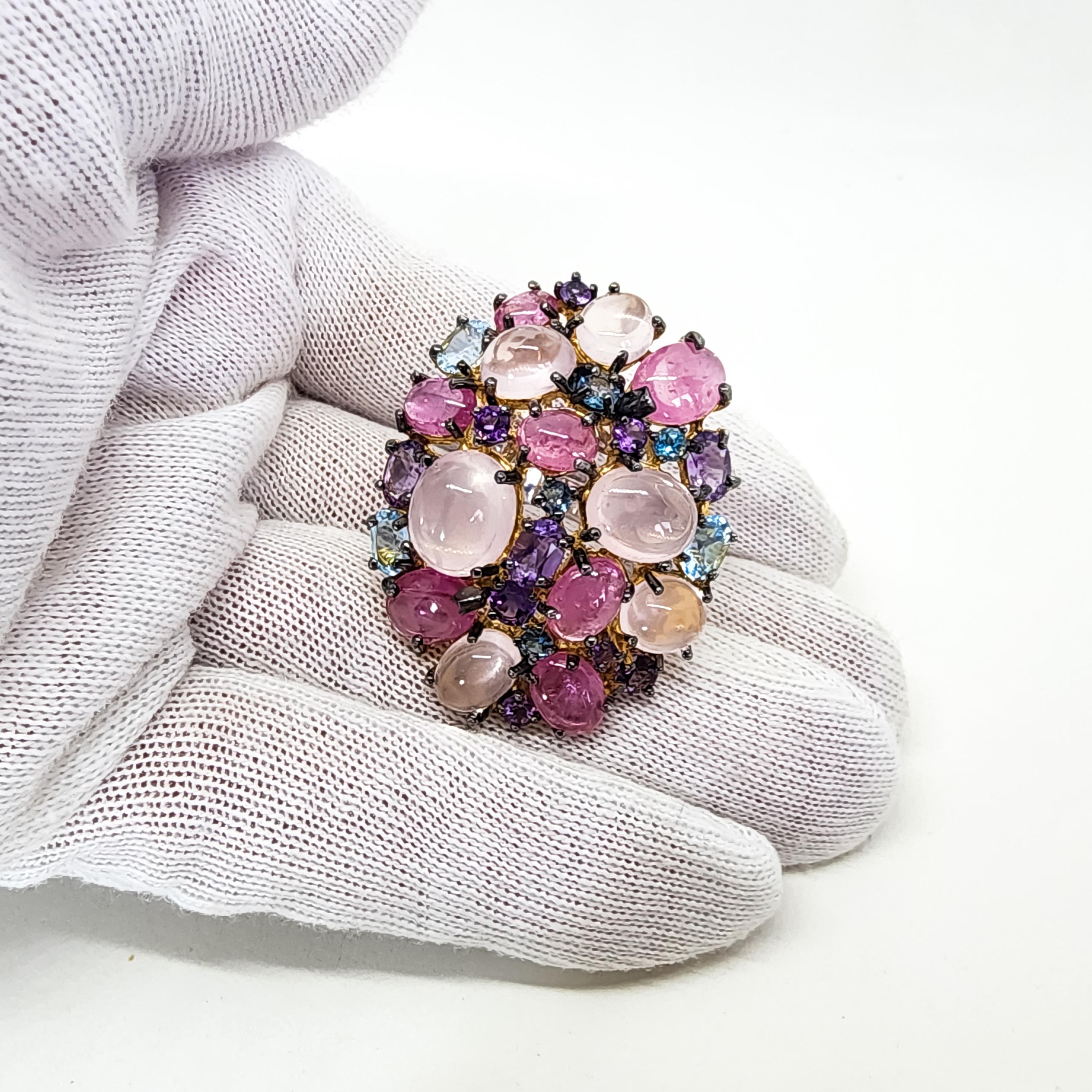 31 Carat Multi Gemstone Statement Cocktail Ring Pink Blue Purple Gems Silver For Sale 7