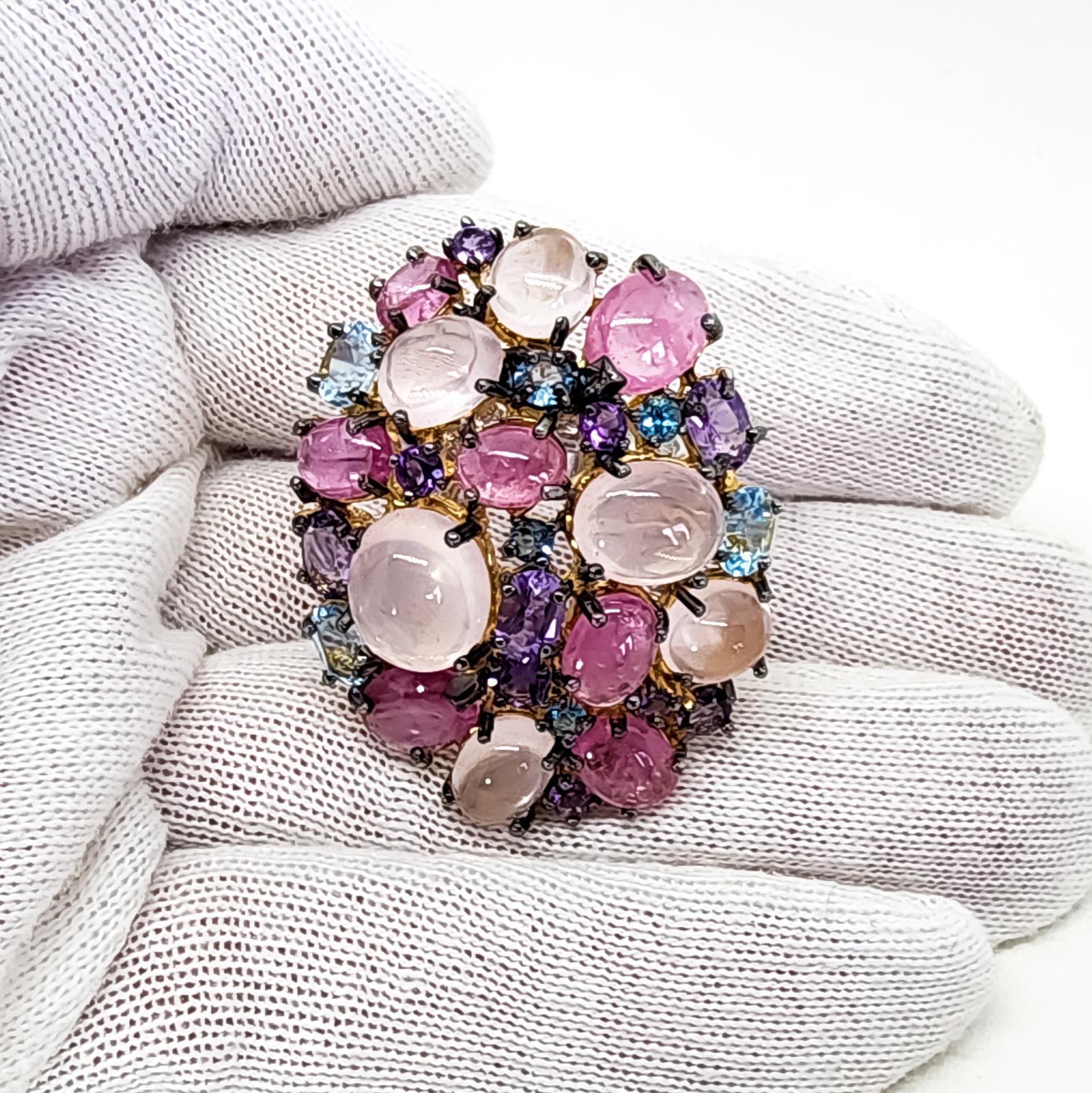  31 Carat Multi Gemstone Statement Cocktail Ring Pink Blue Purple Gems Silver For Sale 7