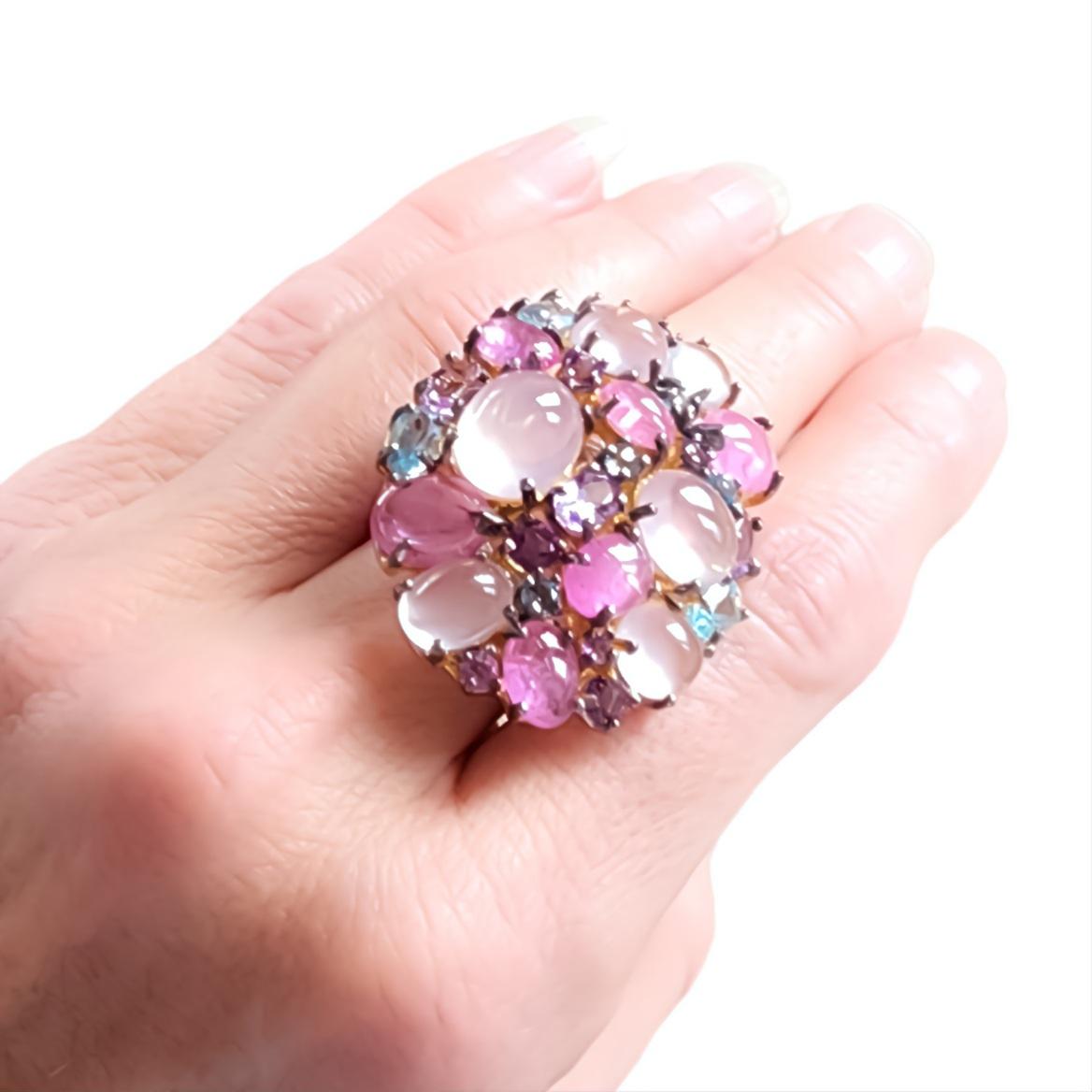 Mixed Cut  31 Carat Multi Gemstone Statement Cocktail Ring Pink Blue Purple Gems Silver For Sale