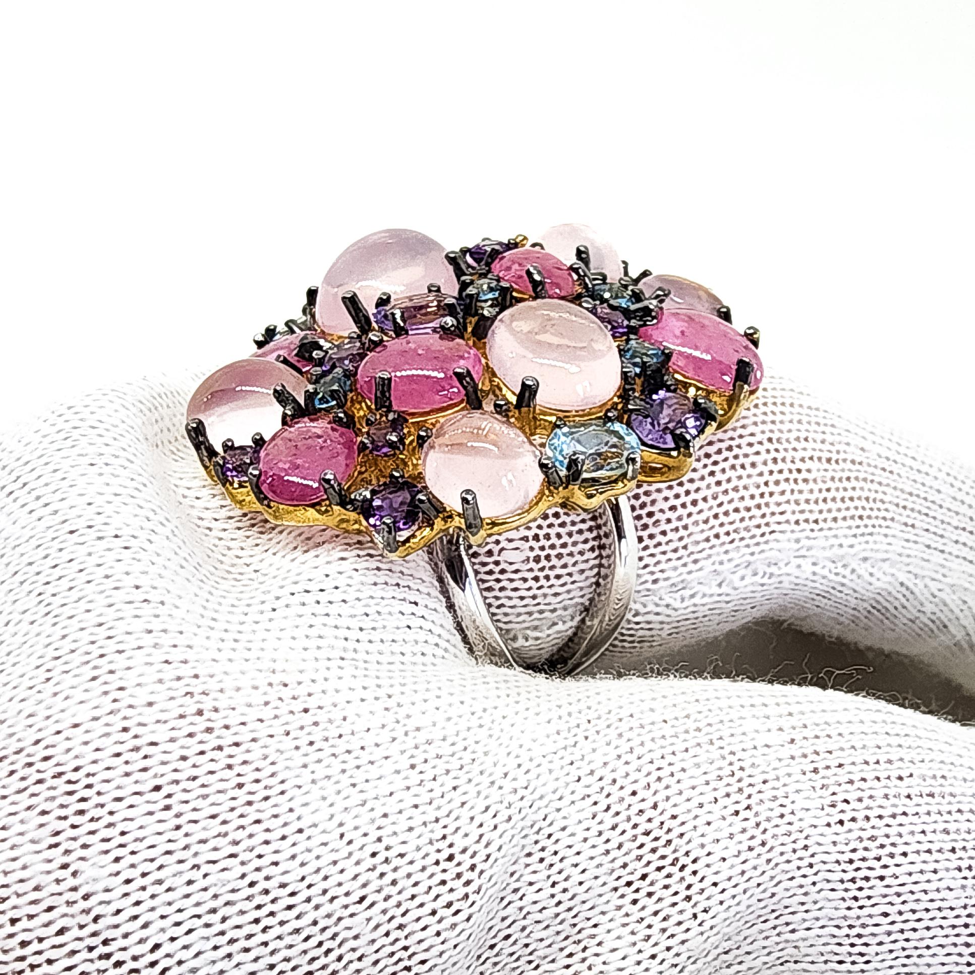  31 Carat Multi Gemstone Statement Cocktail Ring Pink Blue Purple Gems Silver In New Condition For Sale In Lambertville , NJ