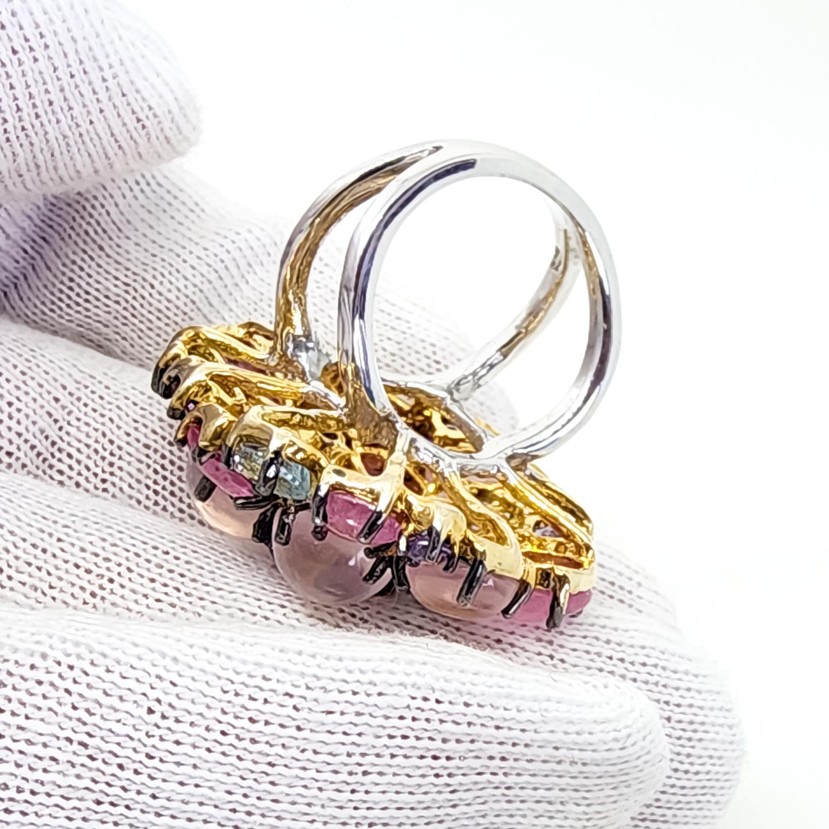 Women's  31 Carat Multi Gemstone Statement Cocktail Ring Pink Blue Purple Gems Silver For Sale