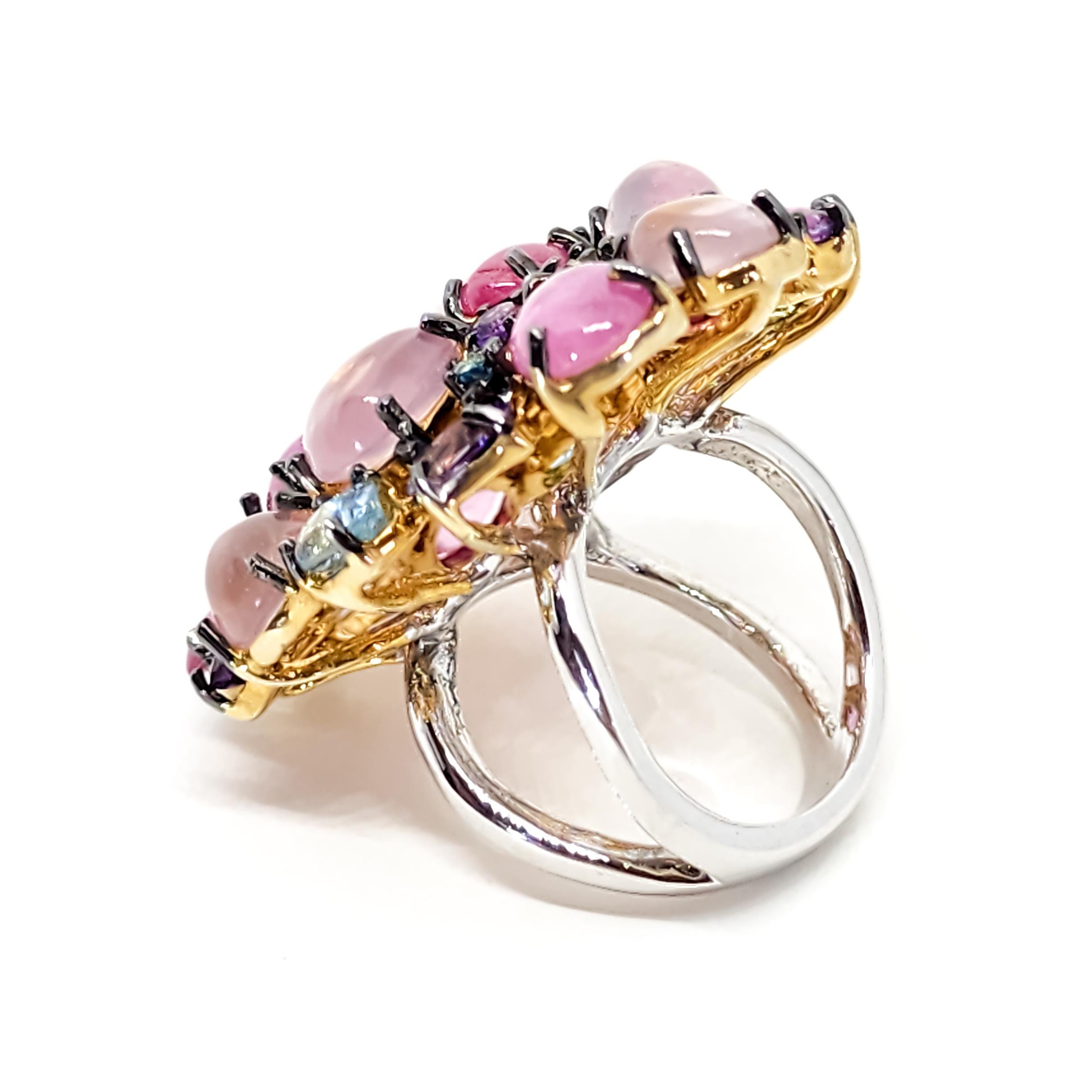 31 Carat Multi Gemstone Statement Cocktail Ring Pink Blue Purple Gems Silver For Sale 2