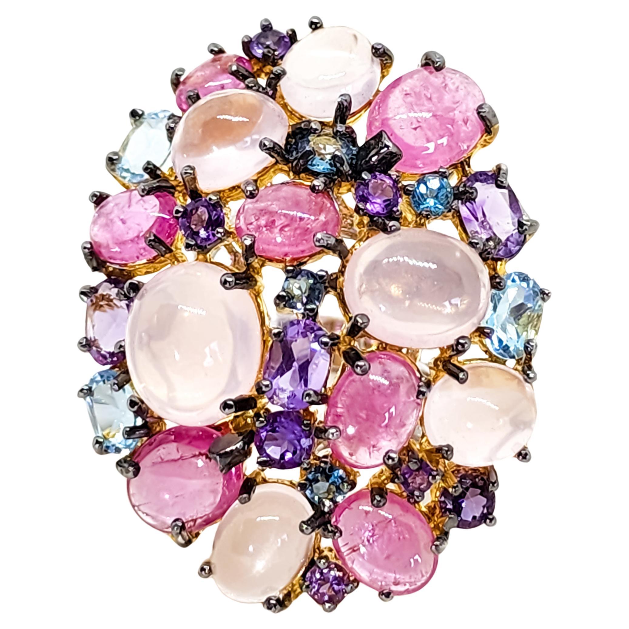 Artisan  31 Carat Multi Gemstone Statement Cocktail Ring Pink Blue Purple Gems Silver For Sale
