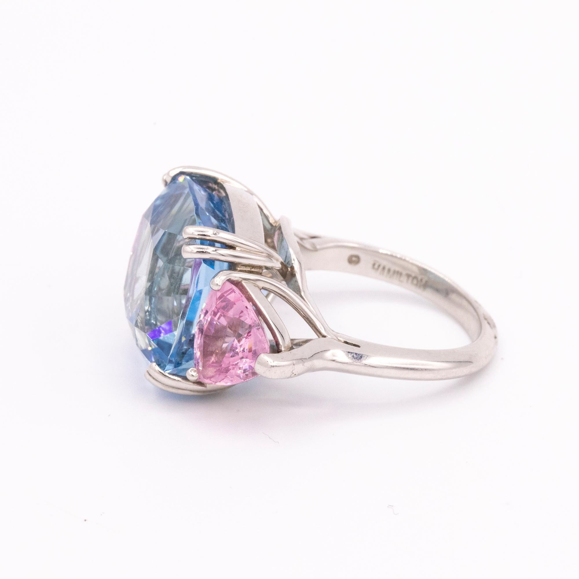 Candy Colored Aquamarine and Pink Spinel Platinum Three Stone Ring In New Condition In Princeton, NJ