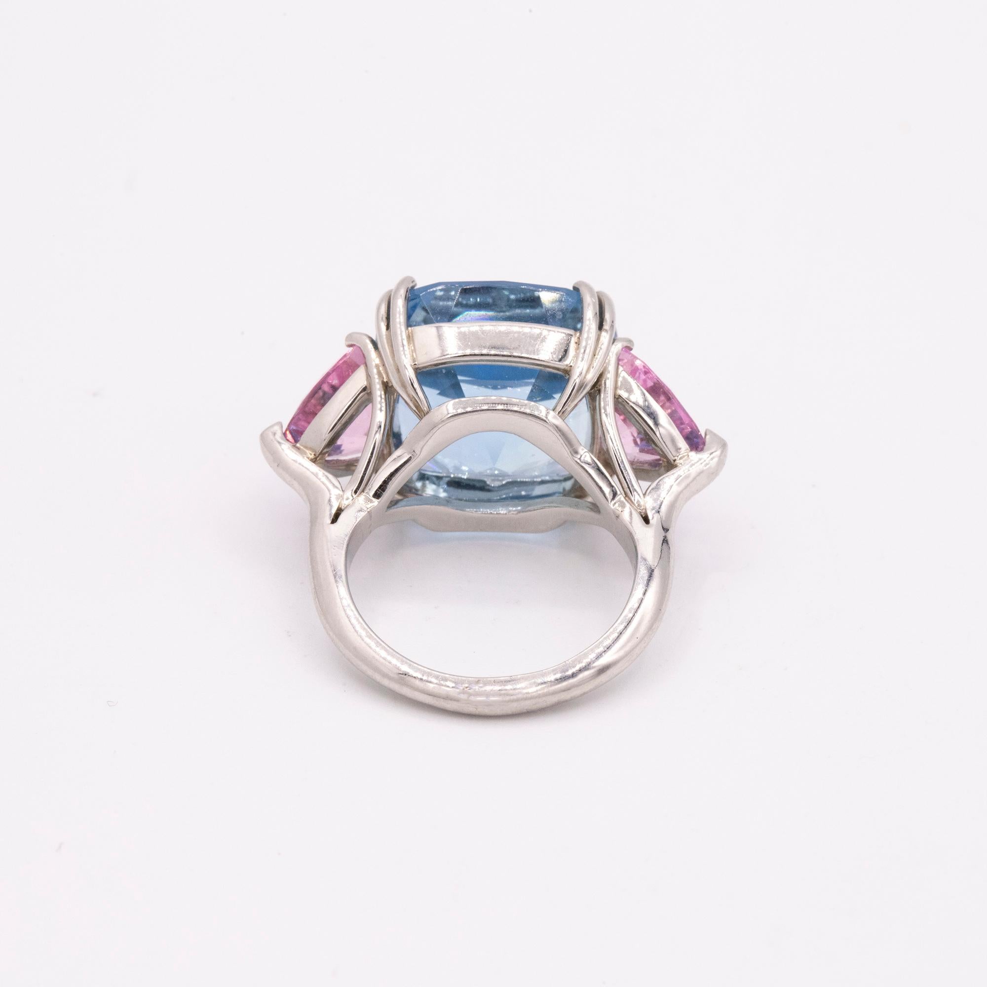Candy Colored Aquamarine and Pink Spinel Platinum Three Stone Ring 1