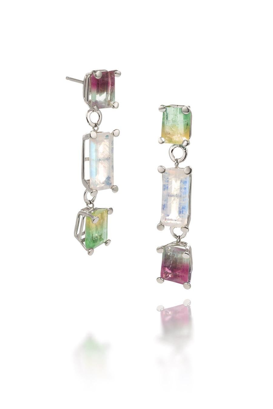 10K White gold Tutti Fruity colored Fluorites and Moonstone earrings are 