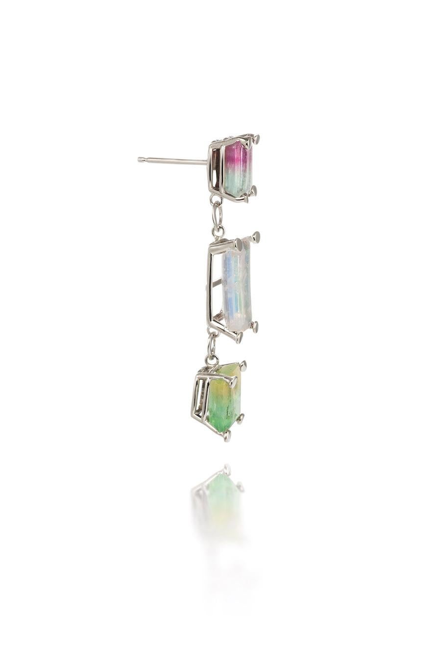 Emerald Cut 10K Candy Colored Fluorite and Moonstone Earrings For Sale