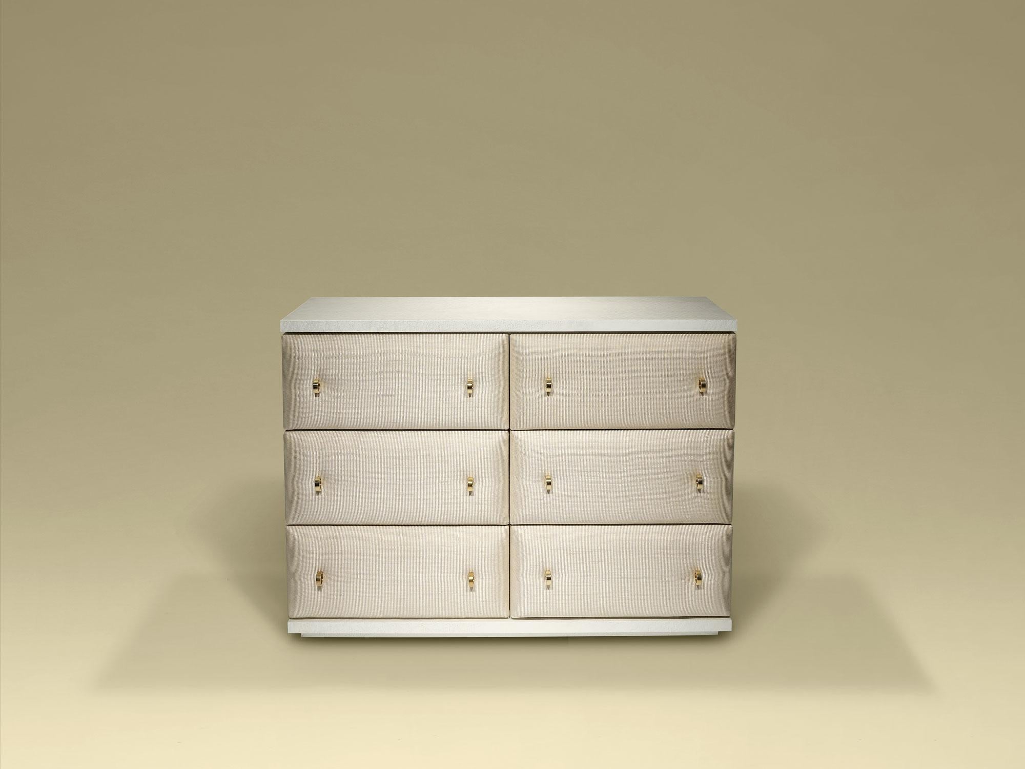 Chest of drawers in white partridge eye with drawers upholstery, gold knobs.

Bespoke / Customizable
Identical shapes with different sizes and finishings.
All RAL colors available. (Mate / Half Gloss / Gloss)