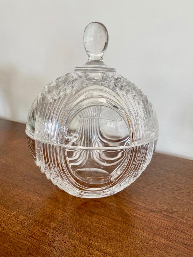 Carved Mid Century Art Deco Candy Crystal Jar For Sale