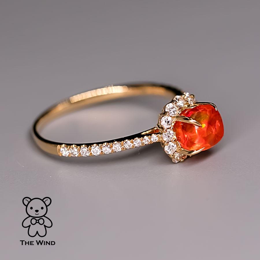 Artist Candy Cube Mexican Fire Opal Halo Diamond Engagement Ring 18K Yellow Gold For Sale