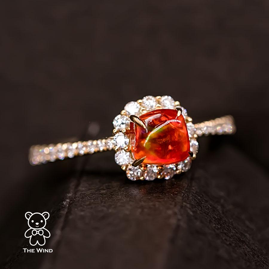 Brilliant Cut Candy Cube Mexican Fire Opal Halo Diamond Engagement Ring 18K Yellow Gold For Sale