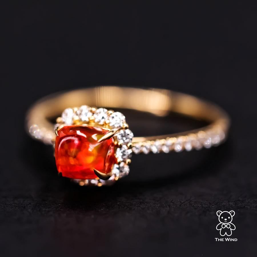 Candy Cube Mexican Fire Opal Halo Diamond Engagement Ring 18K Yellow Gold In New Condition For Sale In Suwanee, GA