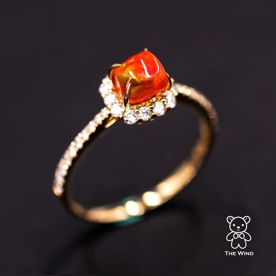 Women's or Men's Candy Cube Mexican Fire Opal Halo Diamond Engagement Ring 18K Yellow Gold
