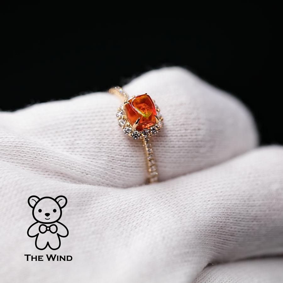 Candy Cube Mexican Fire Opal Halo Diamond Engagement Ring 18K Yellow Gold For Sale 1