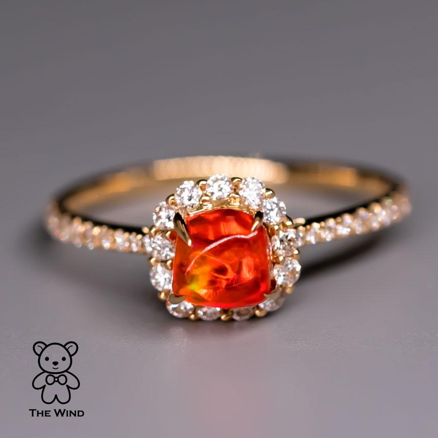 Candy Cube Mexican Fire Opal Halo Diamond Engagement Ring 18K Yellow Gold For Sale 2