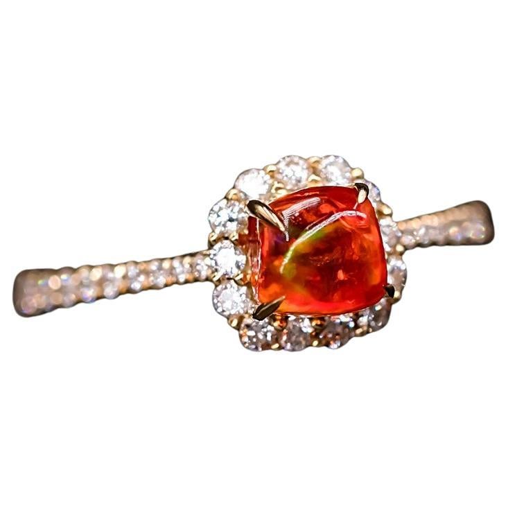 Candy Cube Mexican Fire Opal Halo Diamond Engagement Ring 18K Yellow Gold For Sale