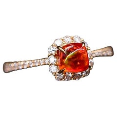 Candy Cube Mexican Fire Opal Halo Diamond Engagement Ring 18K Yellow Gold