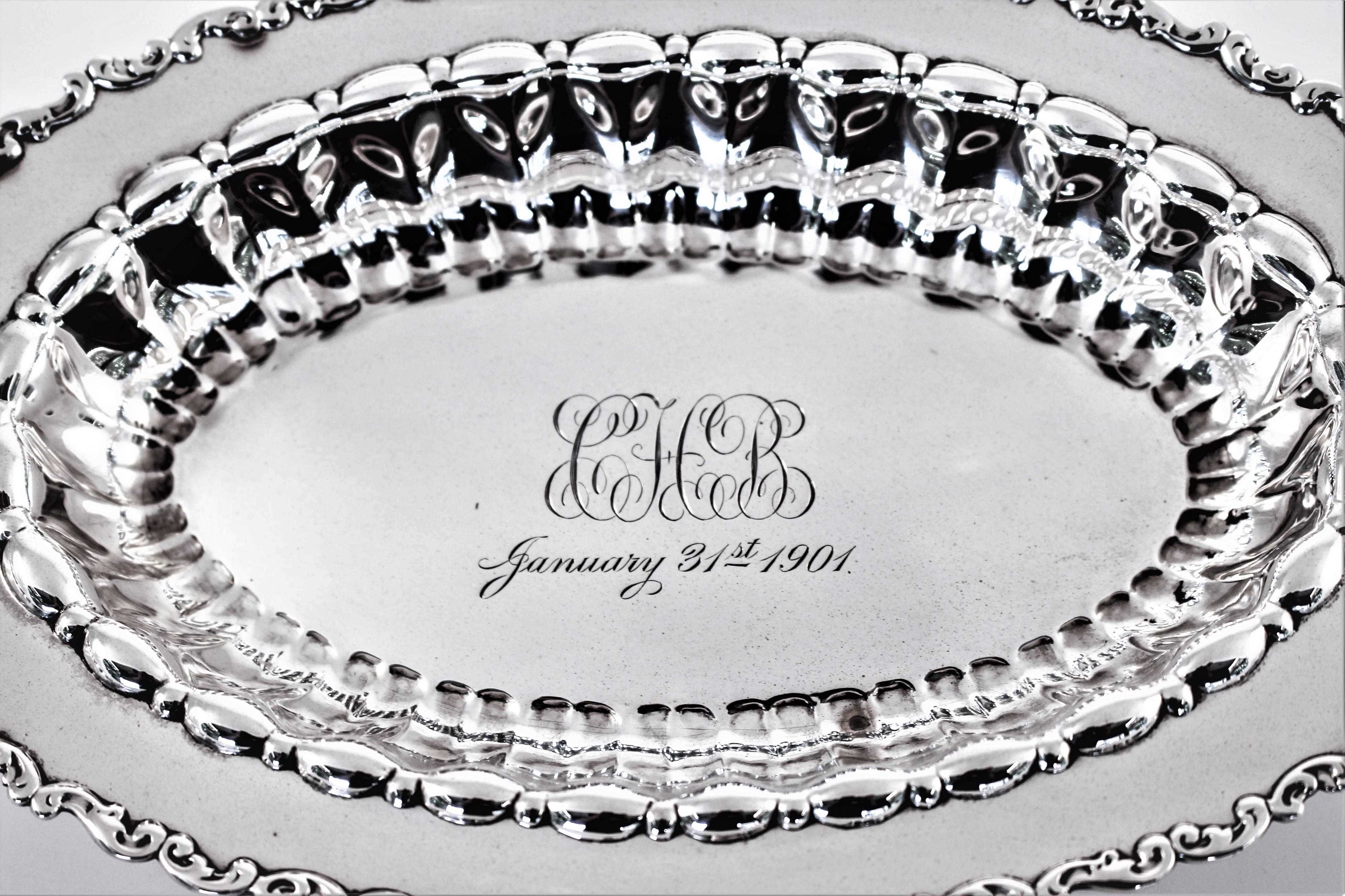 If you’re like me, you love monograms and dates on your silver. This piece has a hand engraved monogram (CHB) in the centre and the date it was given, January 31, 1901. A little over one hundred and 17 years ago. It’s a conversation piece on its