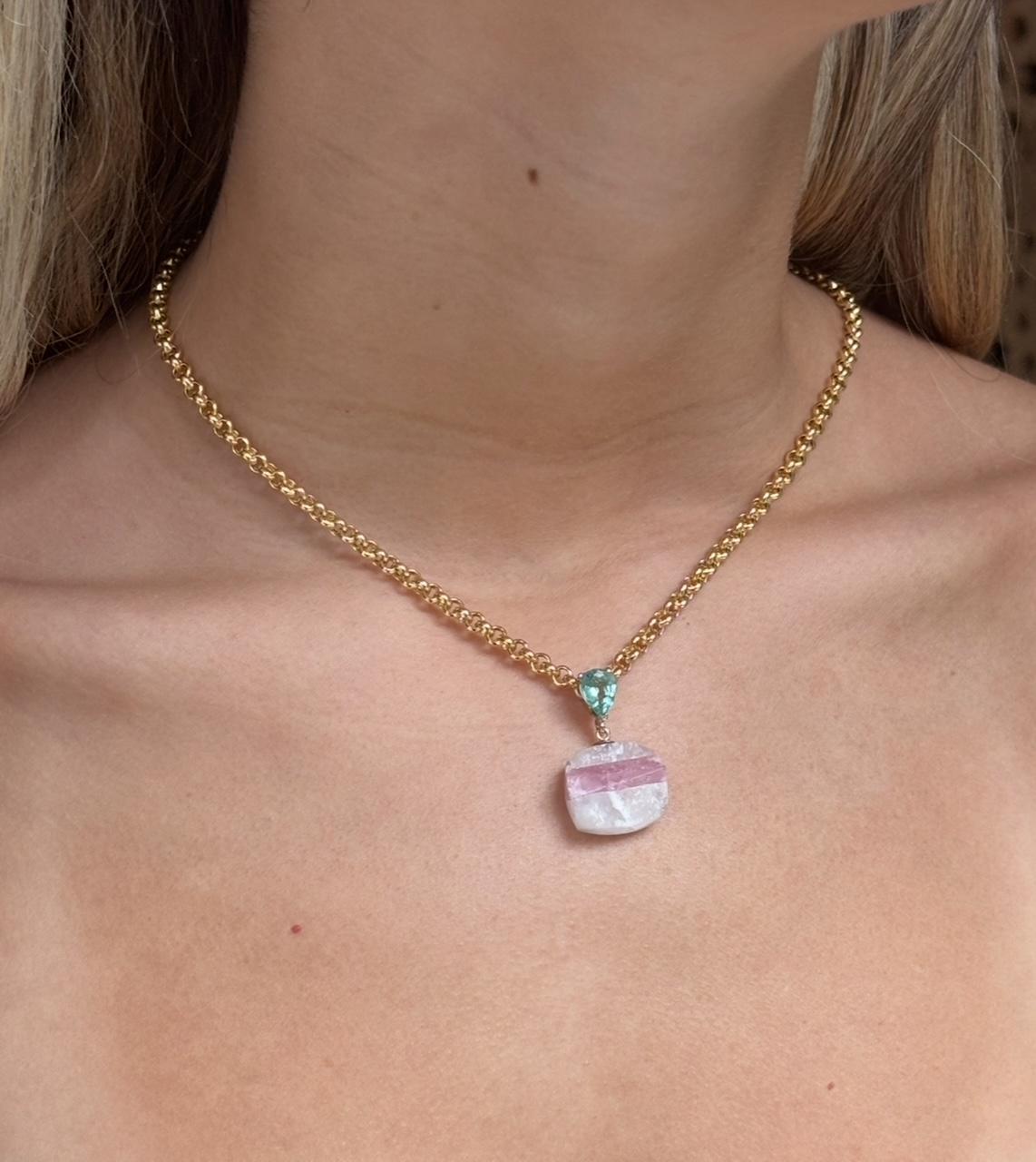 Ciondolo a forma di piatto di caramella, quarzo, tormalina rosa e oro 14k in vendita 9