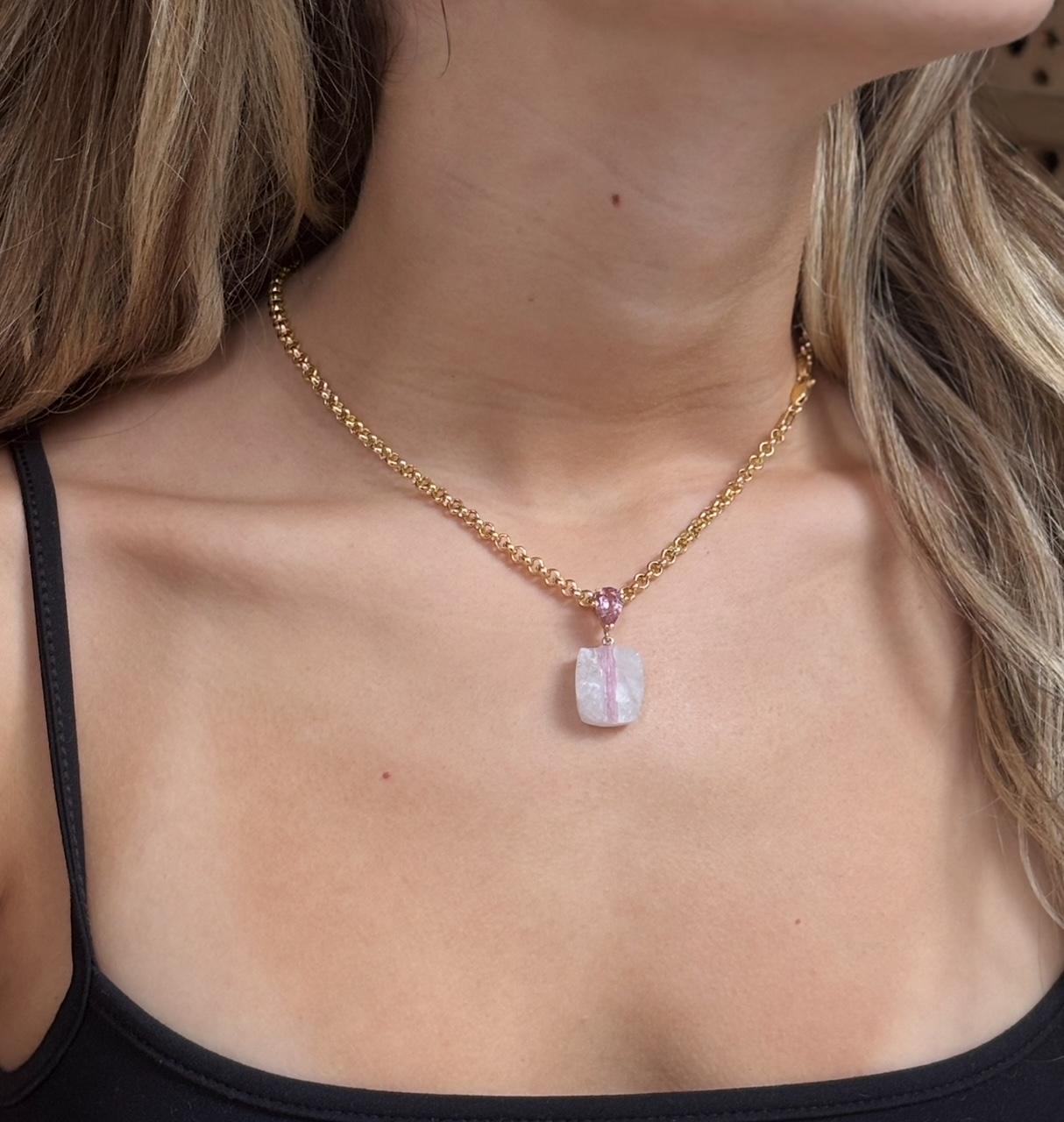 Taglio misto Ciondolo a forma di piatto di caramella, quarzo, tormalina rosa e oro 14k in vendita