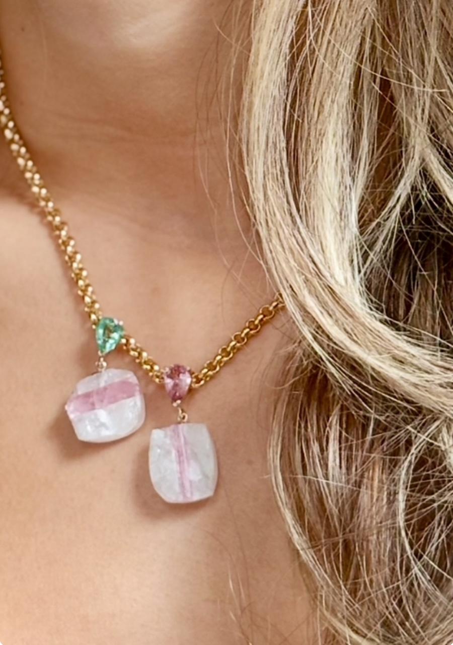 Ciondolo a forma di piatto di caramella, quarzo, tormalina rosa e oro 14k In condizioni Nuovo in vendita a New York, NY