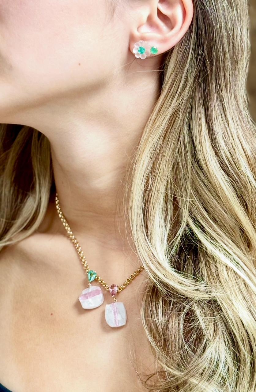 da uomo o donna Ciondolo a forma di piatto di caramella, quarzo, tormalina rosa e oro 14k in vendita