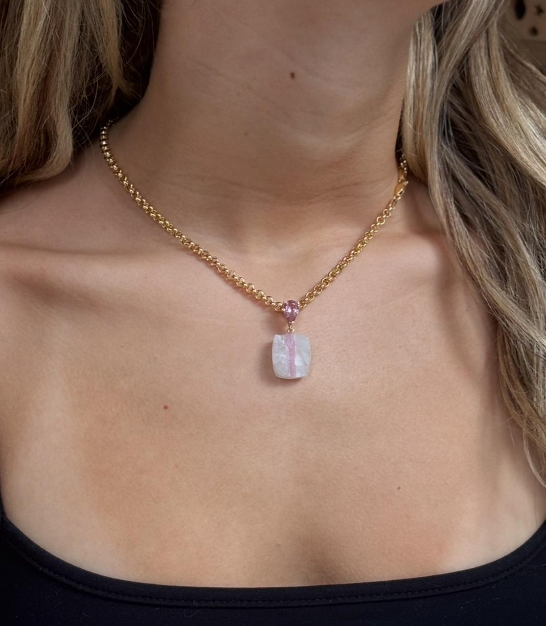 Ciondolo a forma di piatto di caramella, quarzo, tormalina rosa e oro 14k in vendita 2