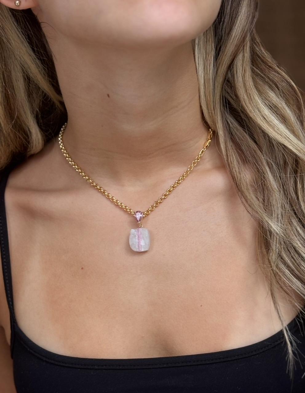 Ciondolo a forma di piatto di caramella, quarzo, tormalina rosa e oro 14k in vendita 5