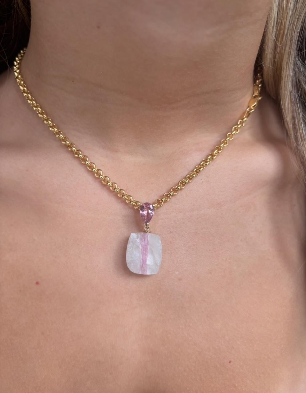 Ciondolo a forma di piatto di caramella, quarzo, tormalina rosa e oro 14k in vendita 6