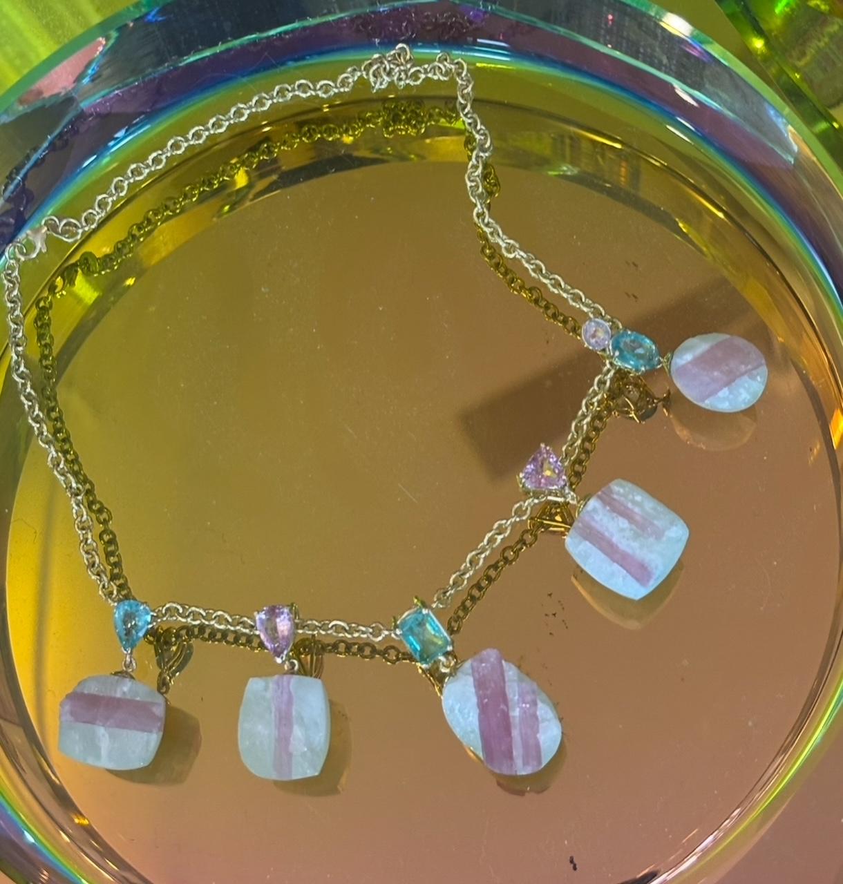 Pendentif bonbons, quartz, tourmaline rose, émeraude et or 14k en vente 6