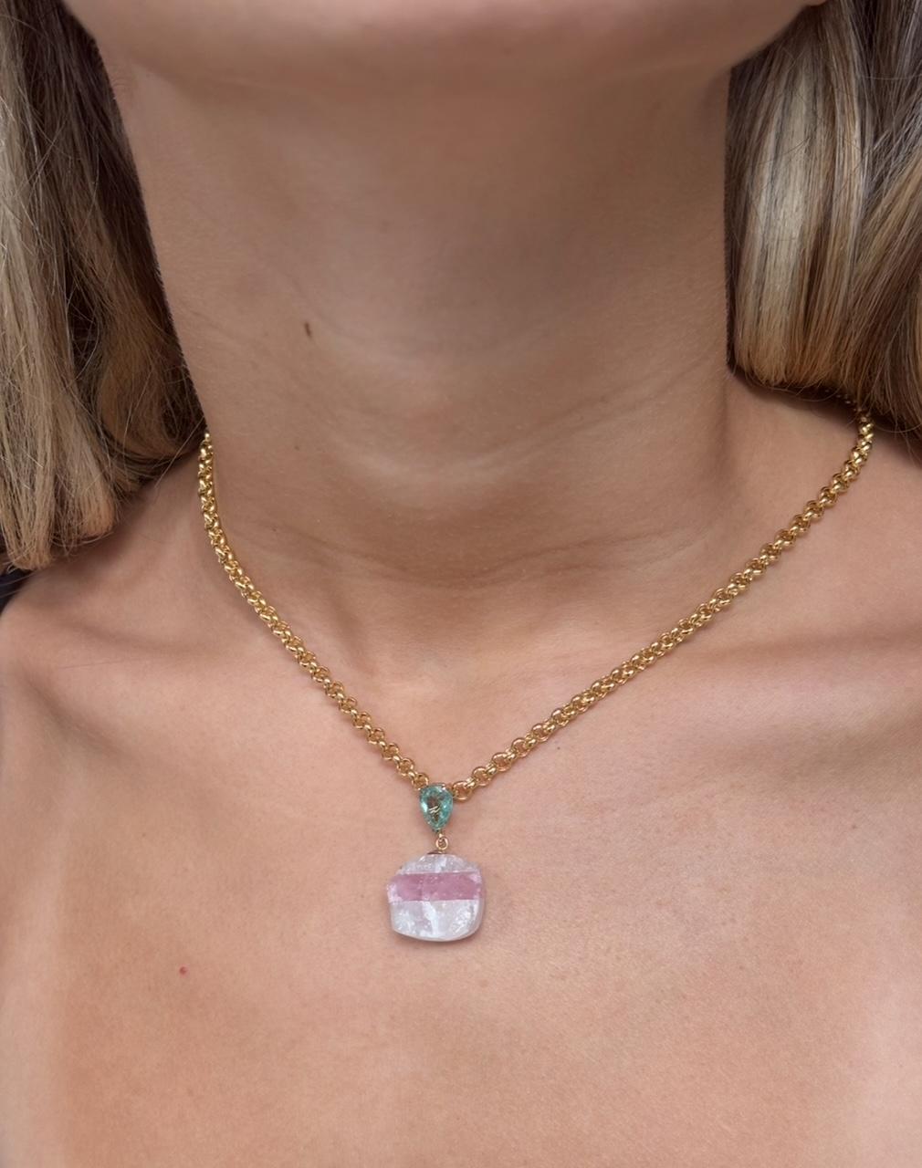 Pendentif bonbons, quartz, tourmaline rose, émeraude et or 14k en vente 1