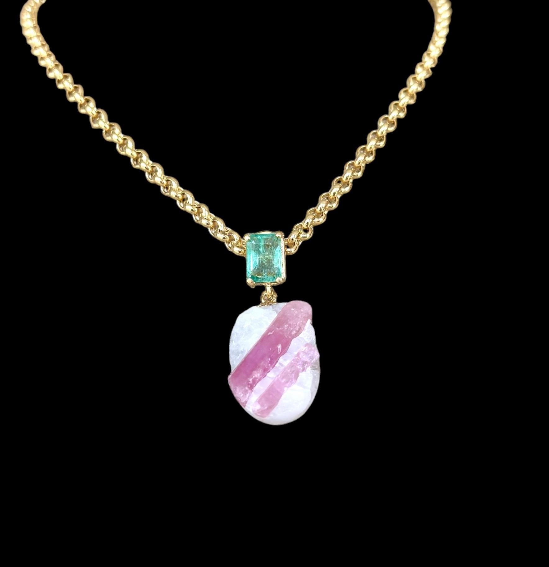 Pendentif candy en or 14 carats avec tourmaline rose et émeraude taillée en émeraude Neuf - En vente à New York, NY