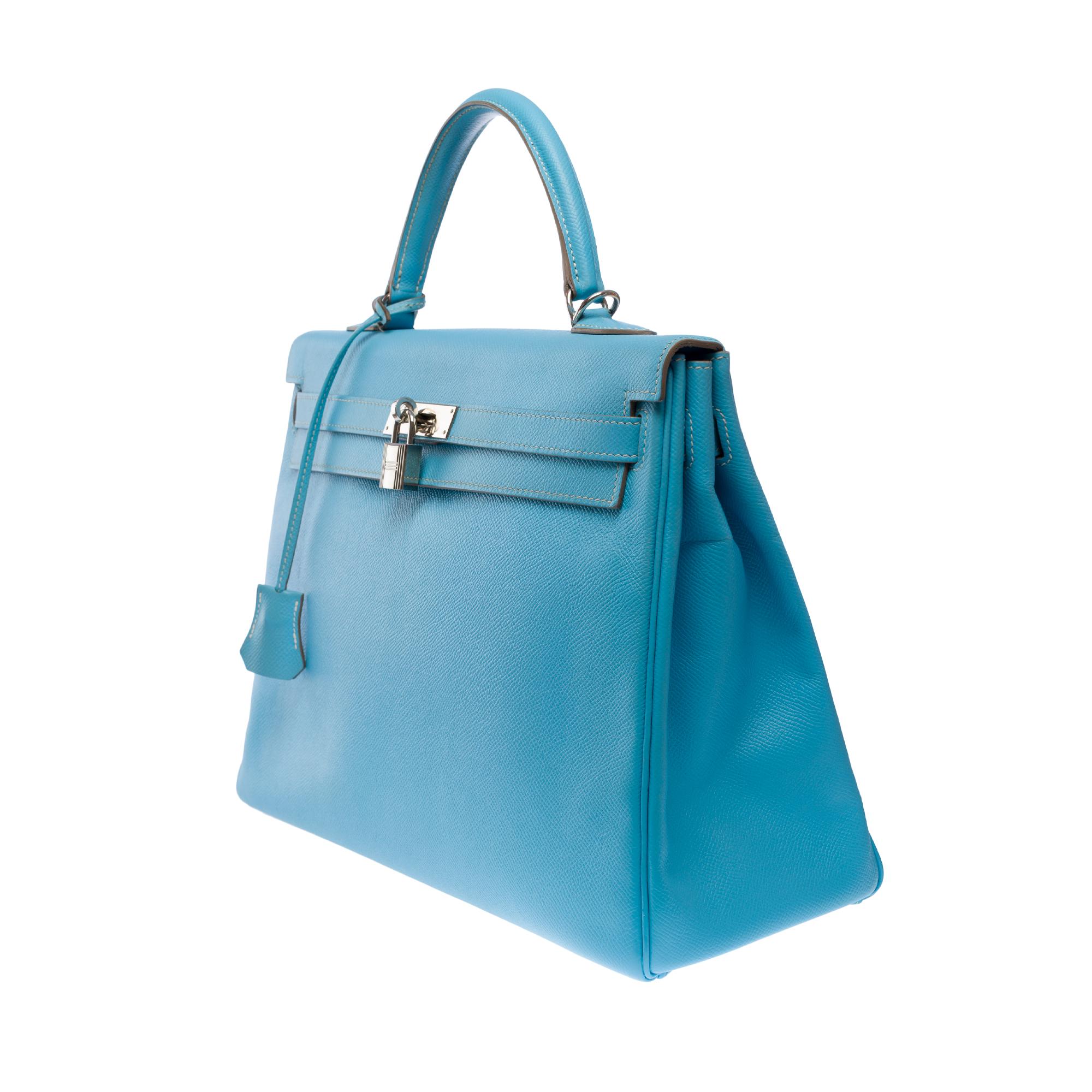 Women's or Men's Candy Edition Hermès Kelly 35 retourne handbag strap in Blue Epsom leather, SHW For Sale