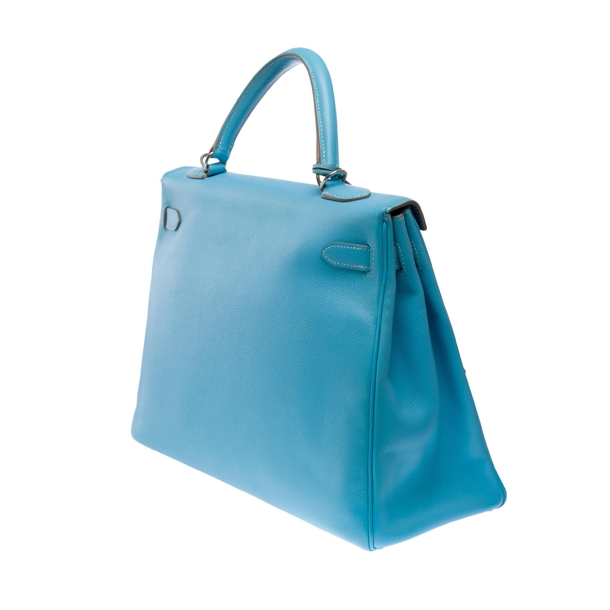 Candy Edition Hermès Kelly 35 retourne handbag strap in Blue Epsom leather, SHW For Sale 1