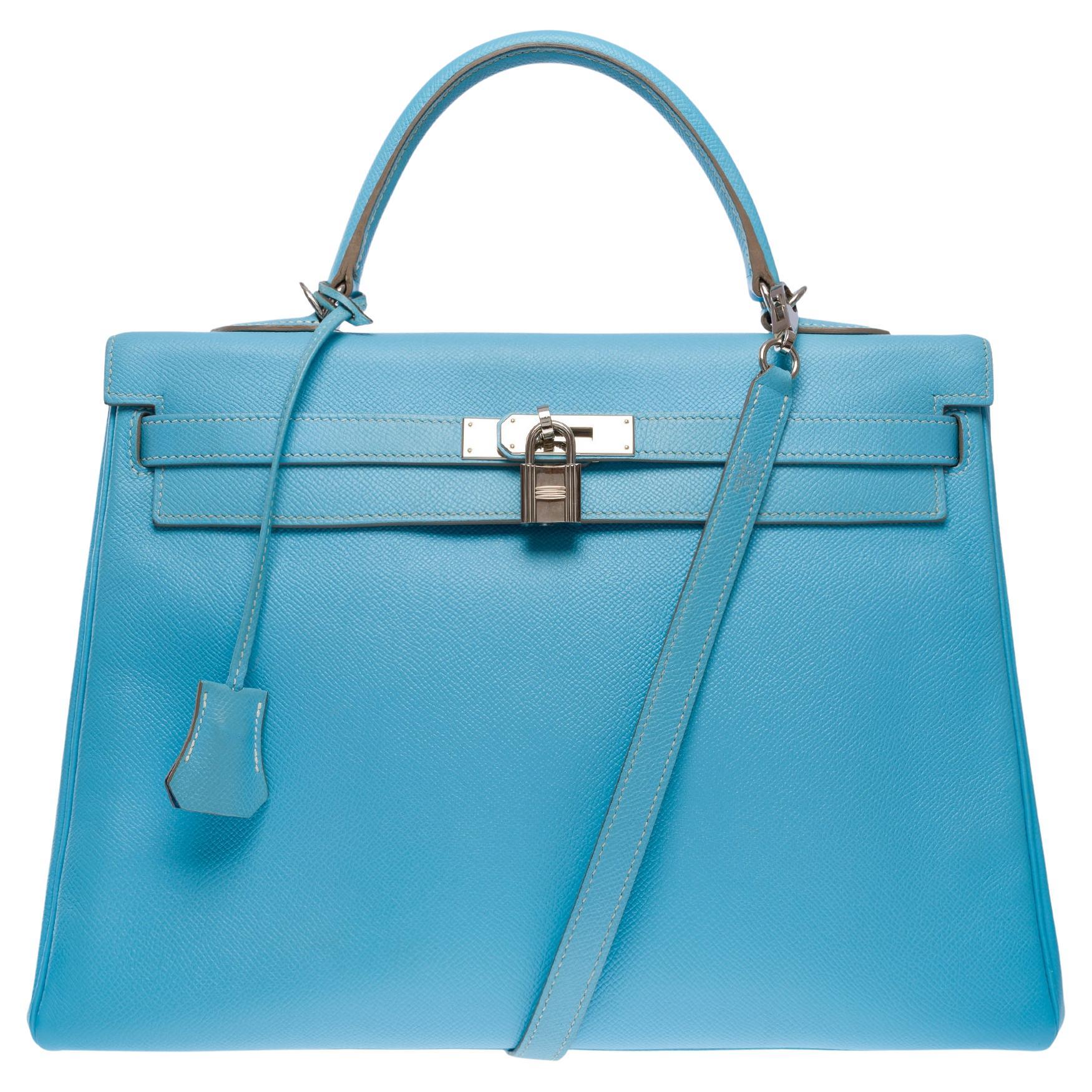 Candy Edition Hermès Kelly 35 retourne handbag strap in Blue Epsom leather, SHW For Sale