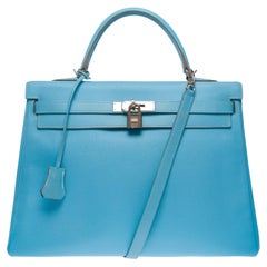 Candy Edition Hermès Kelly 35 retourne handbag strap in Blue Epsom leather, SHW