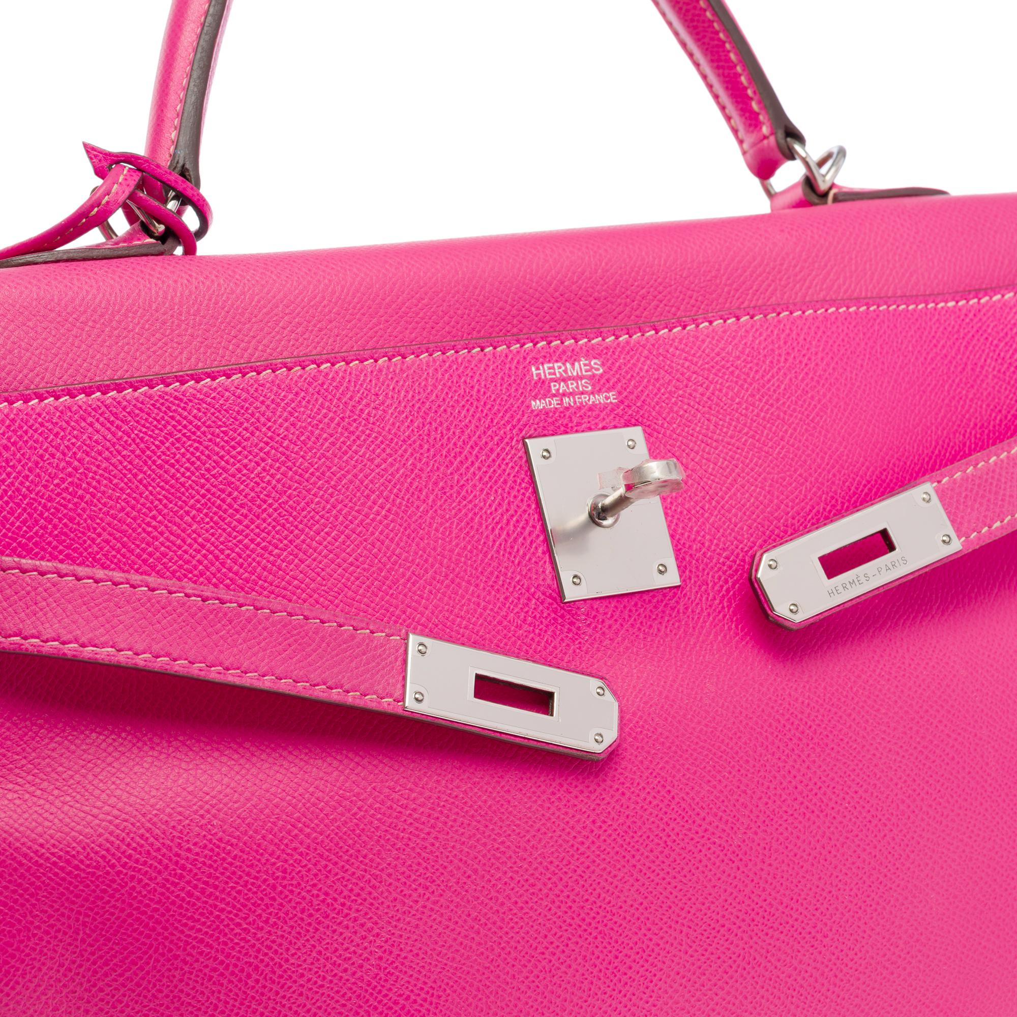 Candy Edition Hermès Kelly 35 retourne handbag strap in Pink Epsom leather, SHW 1
