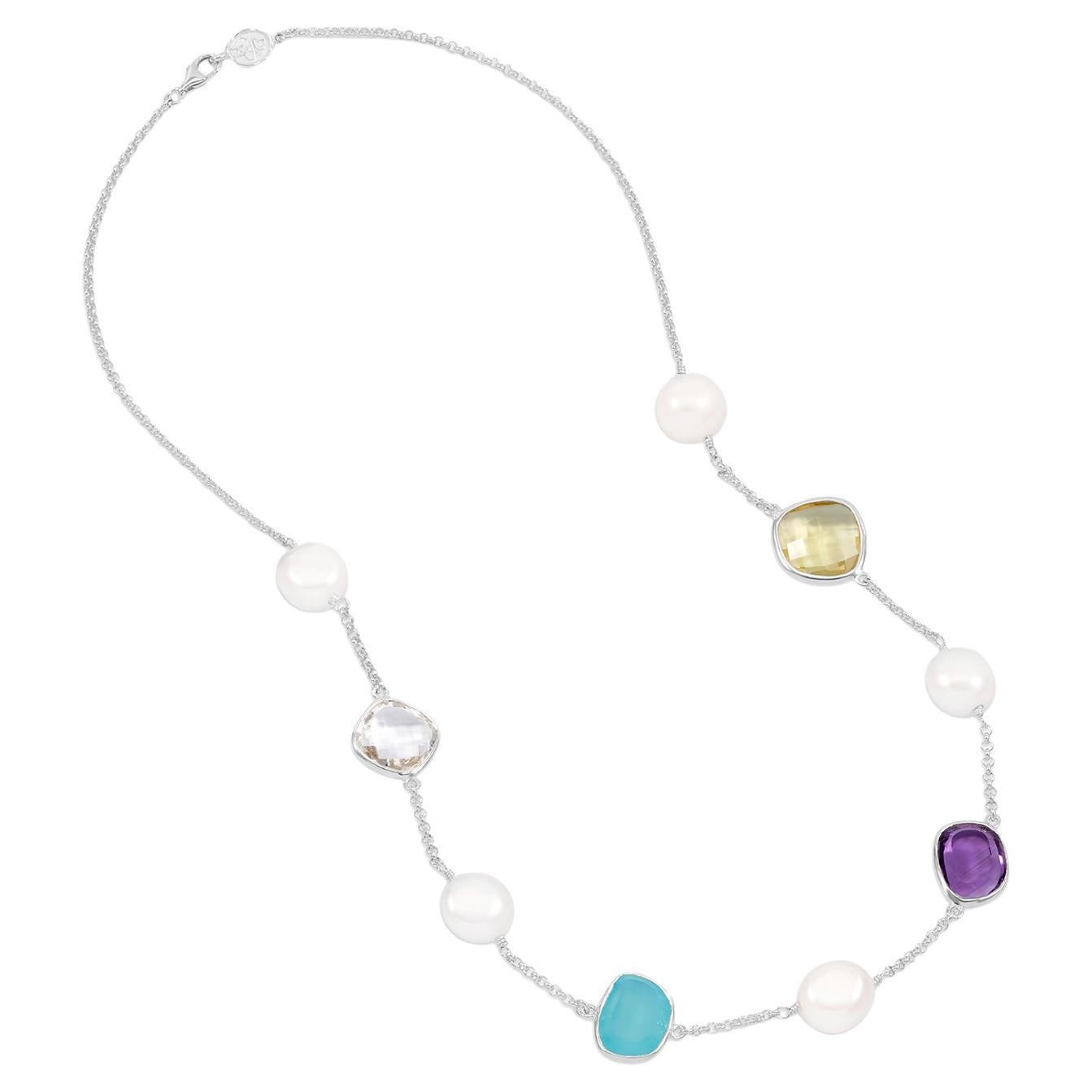Candy Gemstone & Baroque Pearl Pebble Necklace In Sterling Silver For Sale