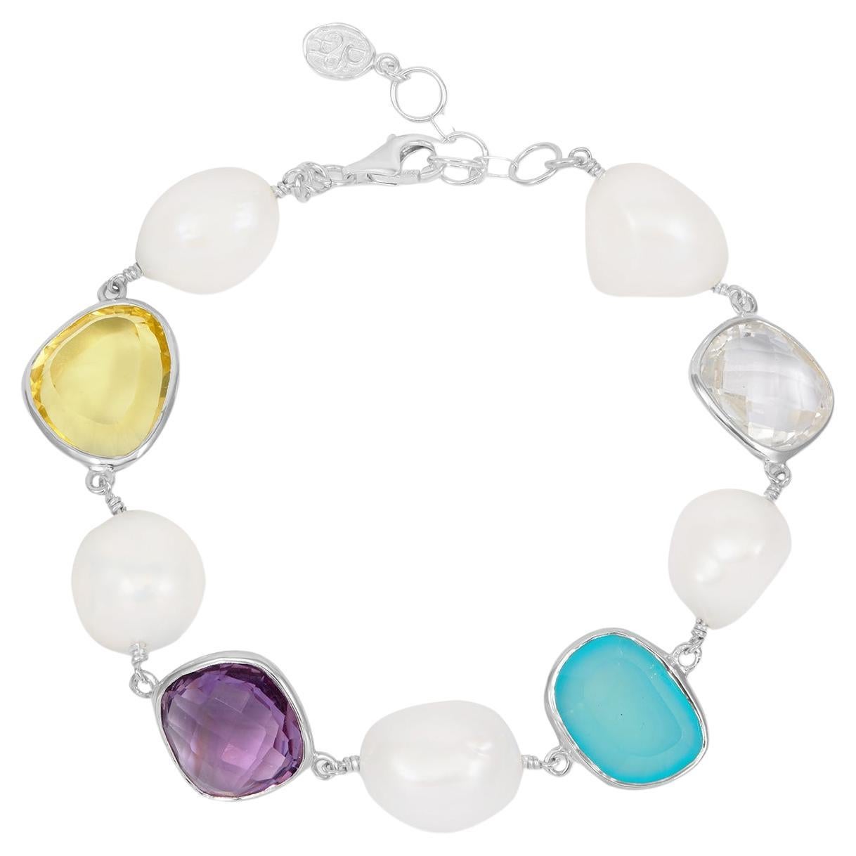 'Candy' Gemstone & Pearl Pebble Bracelet In Sterling Silver For Sale