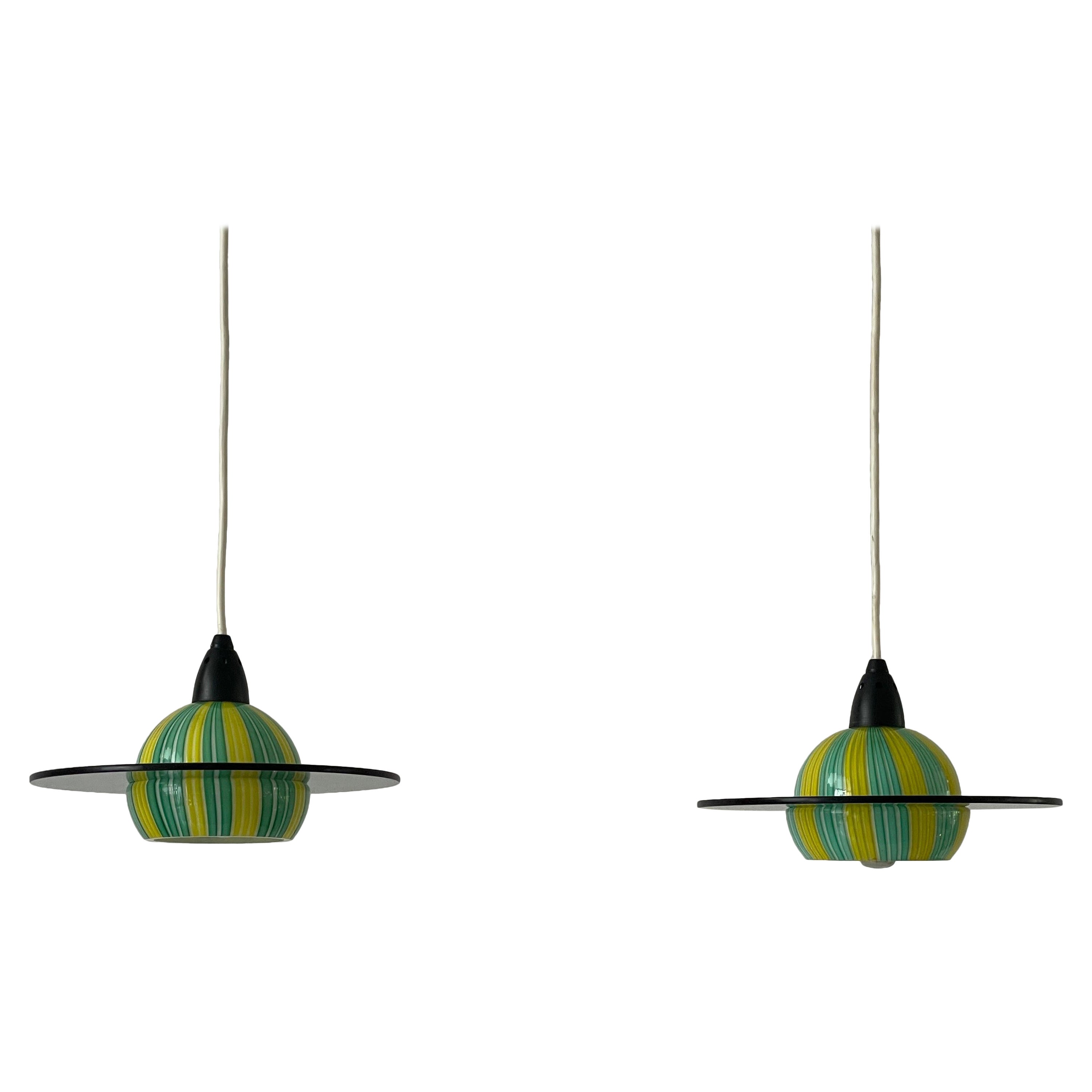 Candy Green Glass Pair of Italian Design Ufo Ceiling Lamps, 1970s, Italy