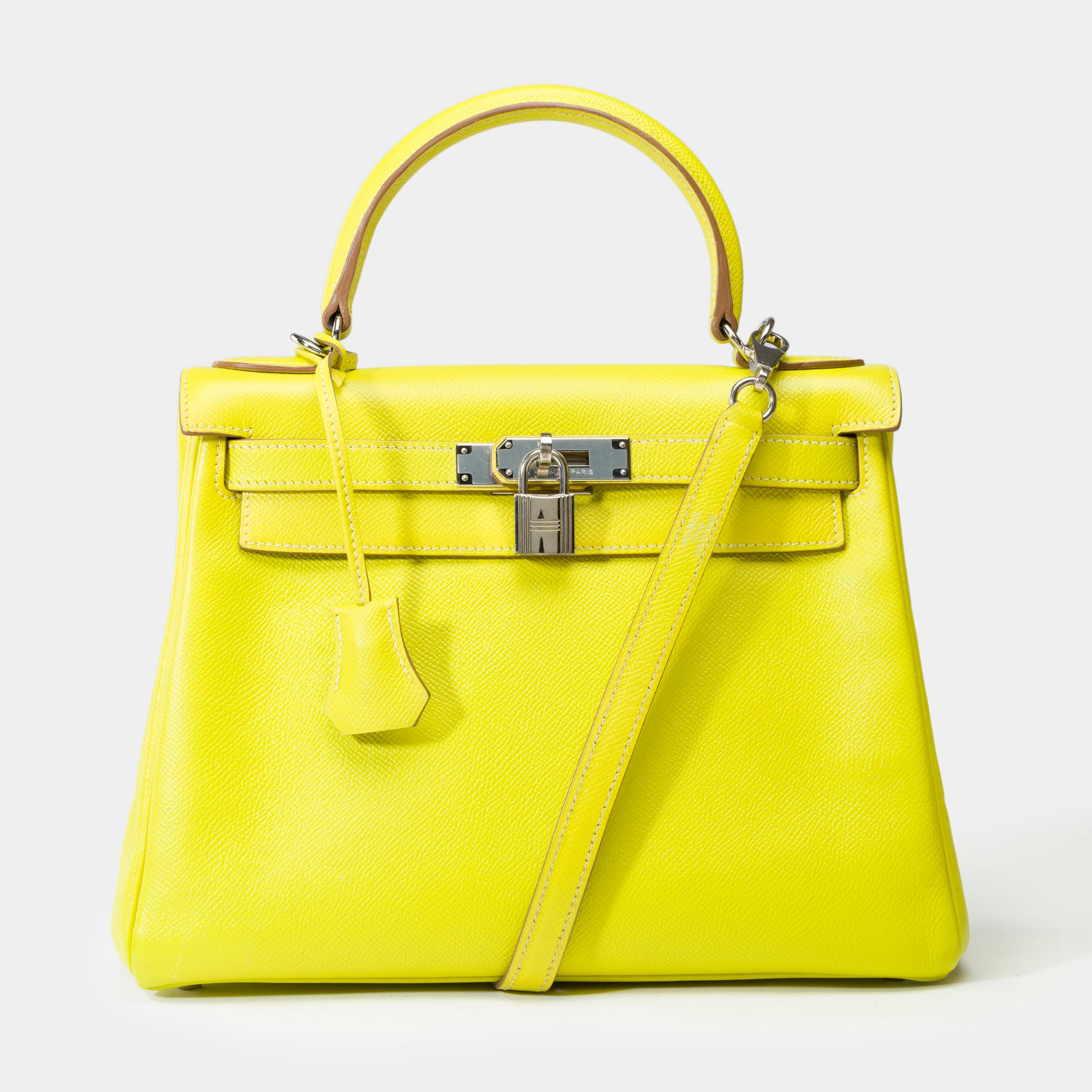 Magnificent​ ​&​ ​Rare​ ​Hermes​ ​Kelly​ ​28​ ​retourne​ ​handbag​ ​strap​ ​,​ ​limited​ ​edition​ ​from​ ​the​ ​Candy​ ​Collection​ ​in​ ​Epsom​ ​leather,​ ​Lime​ ​Yellow​ ​with​ ​white​ ​stitching,​ ​featuring​ ​a​ ​Gris​ ​Perle​ ​leather​