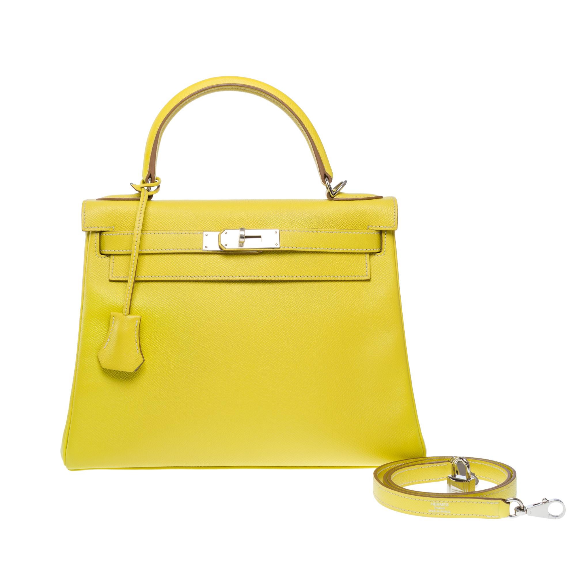 Orange Candy Limited Edition Hermes Kelly 28 handbag strap in Lime/Perle epsom For Sale