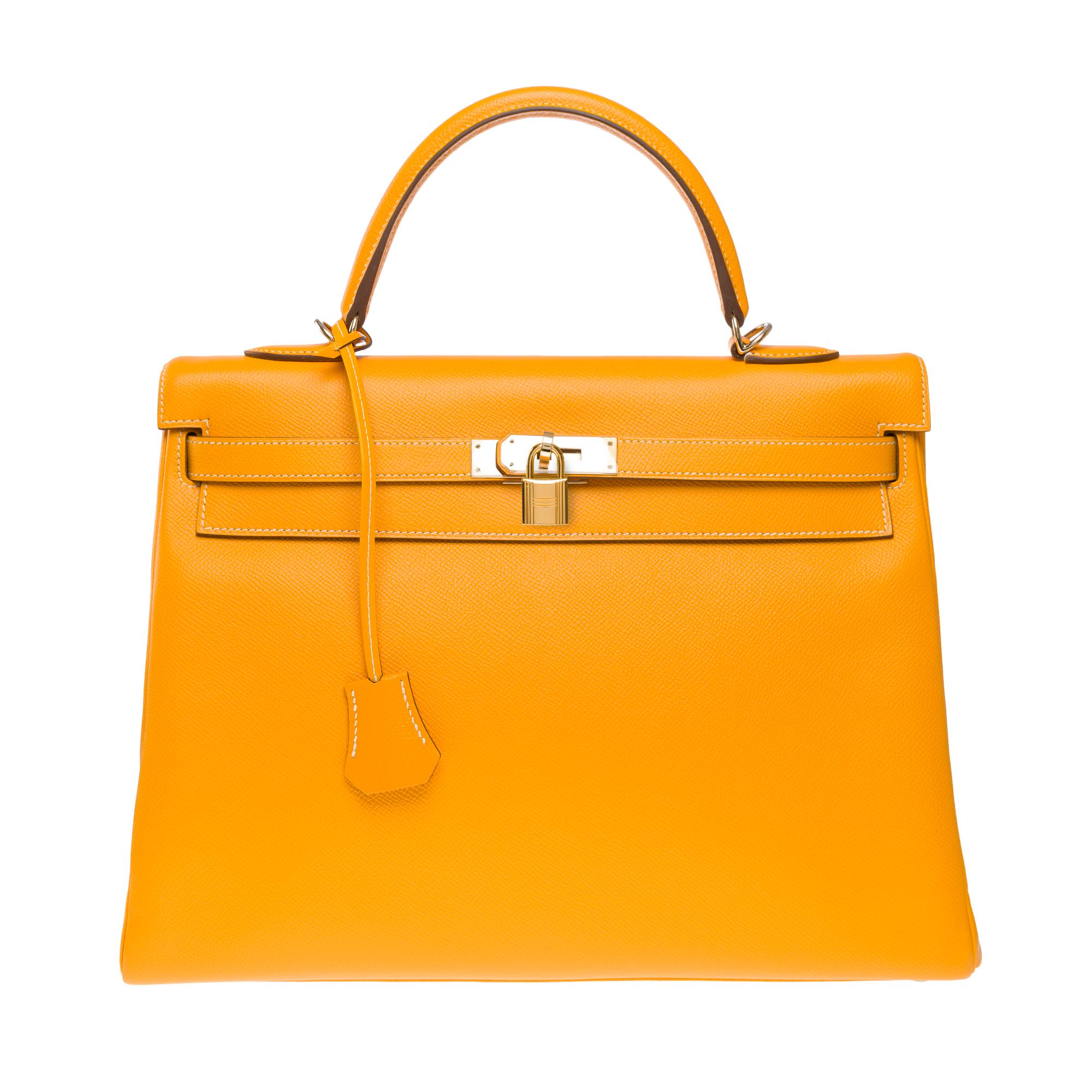 Candy Limited Edition Hermès Kelly 35 handbag strap in Yellow Epsom leather, GHW In Excellent Condition In Paris, IDF
