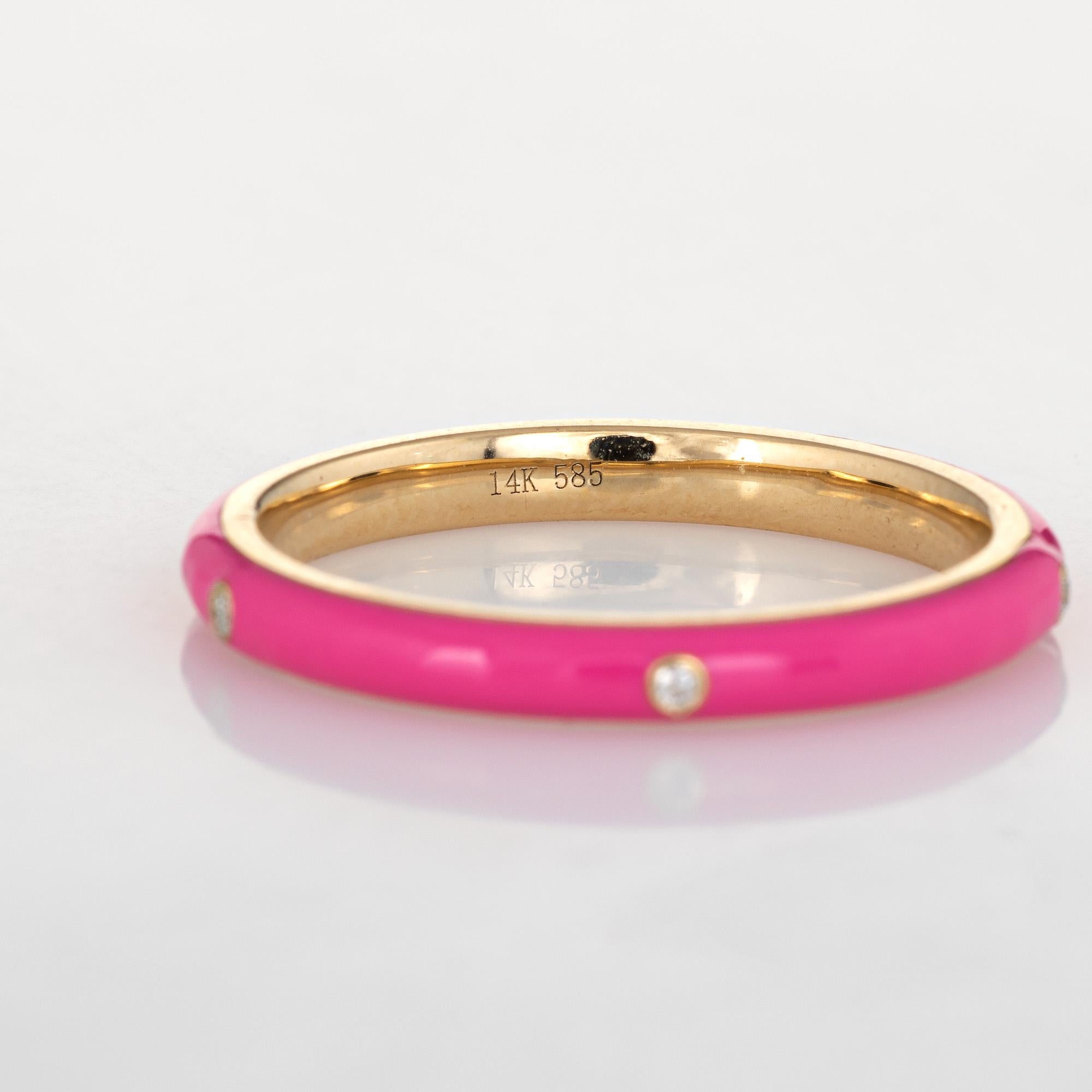 Modern Candy Pink Enamel Diamond Ring 14 Karat Yellow Gold Stacking Band Jewelry