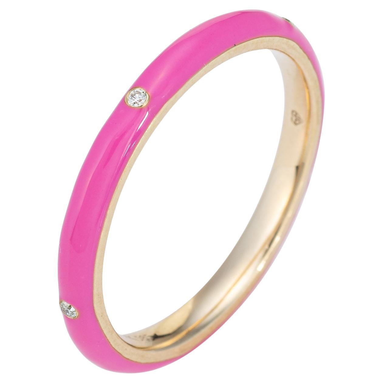 ​Candy Pink Enamel Diamond Ring Sz 6.5 14k Yellow Gold Stacking Band Jewelry For Sale