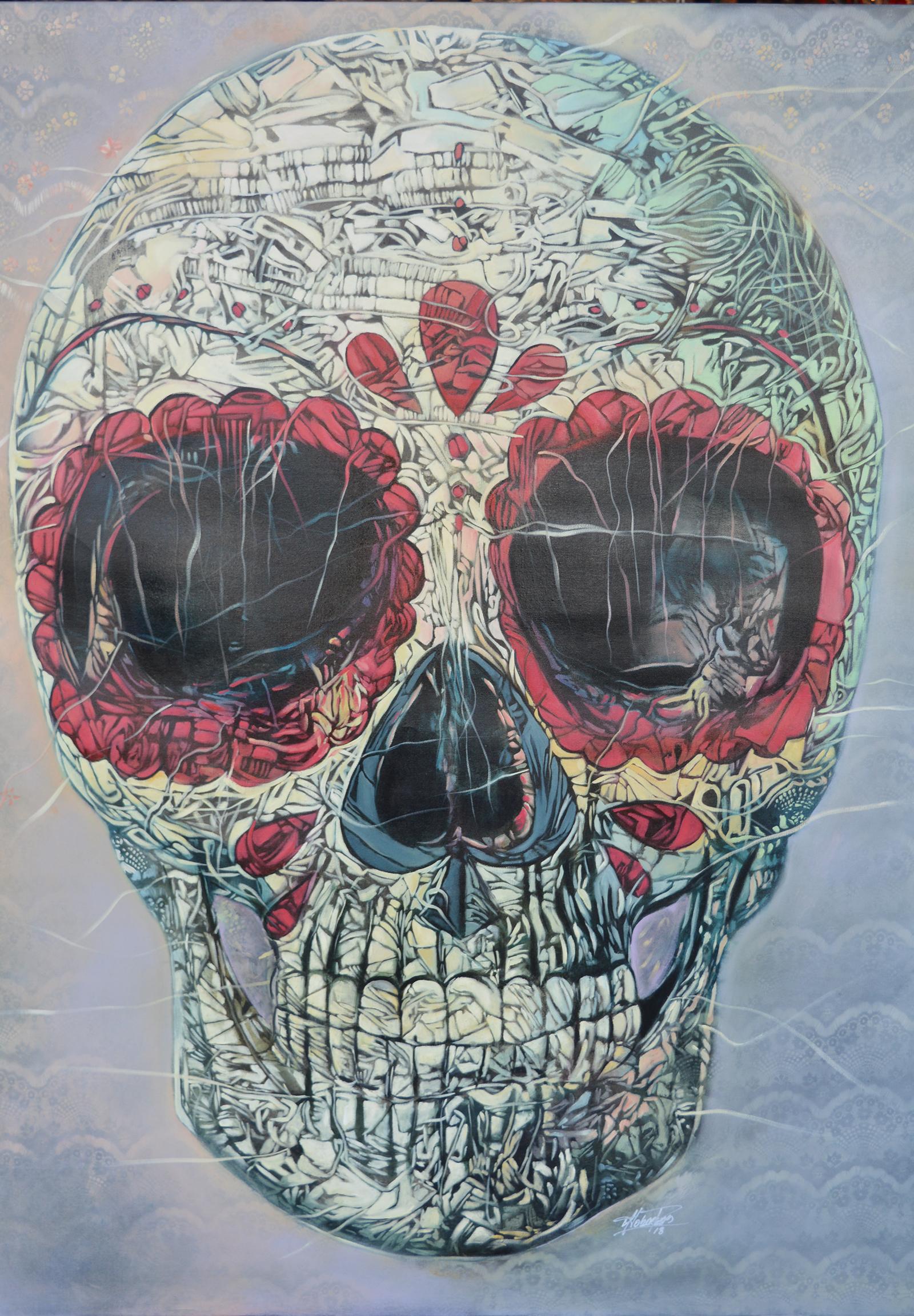 Oil on canvas, candy skull by Cuban artist Noel Dobarganes. Signature on bottom right.