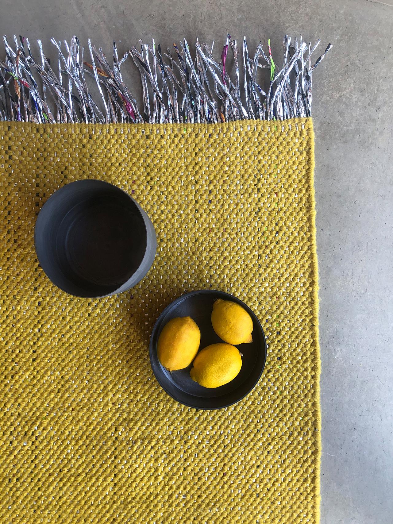 Hand-Crafted Candy Wrapper Rug_Dining_yellow/ Unique Award Winning Woven Rug by Jutta Werner For Sale