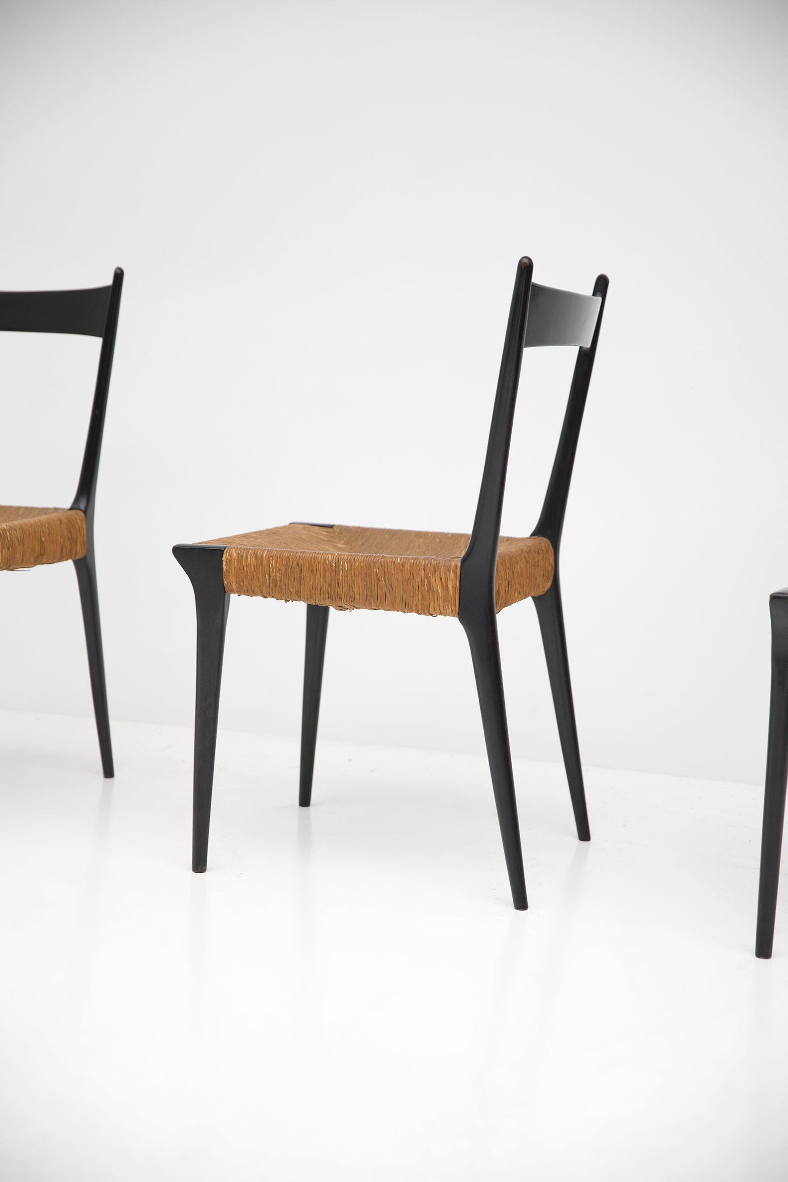 Cane and Black Lacquered Dining Chairs by Alfred Hendrickx, Set of Six For Sale 3