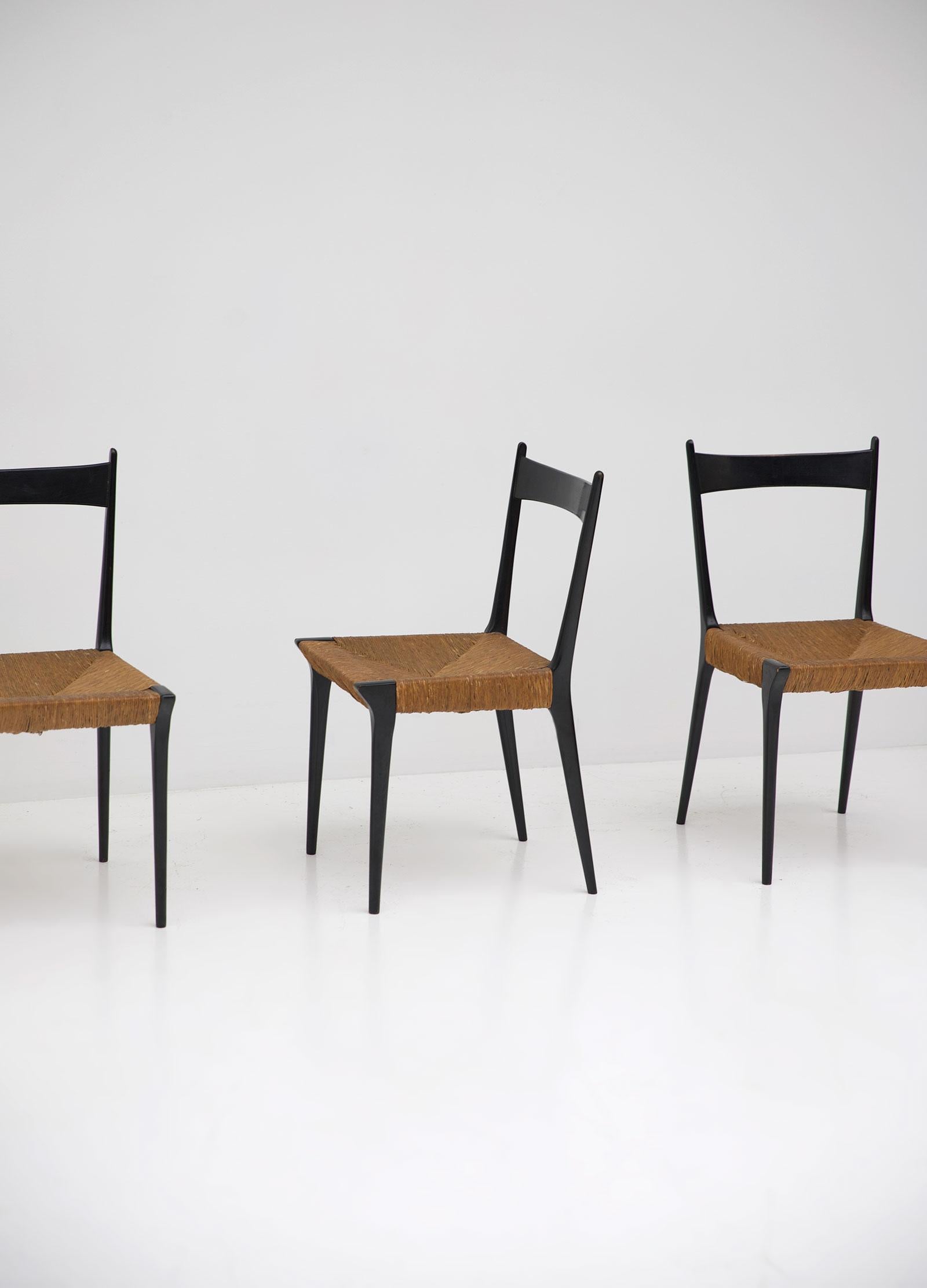 Mid-Century Modern Cane and Black Lacquered Dining Chairs by Alfred Hendrickx, Set of Six For Sale