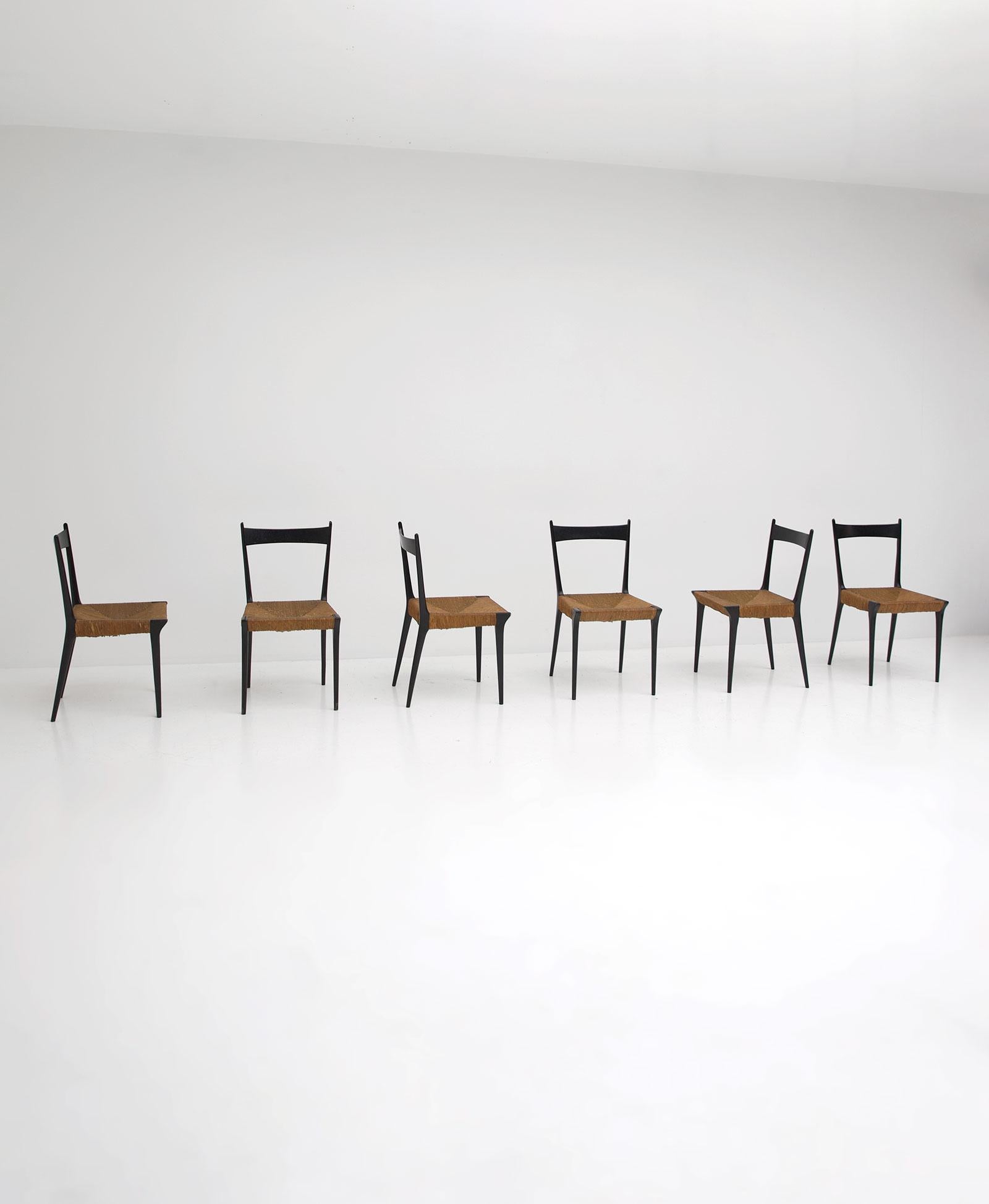Belgian Cane and Black Lacquered Dining Chairs by Alfred Hendrickx, Set of Six For Sale